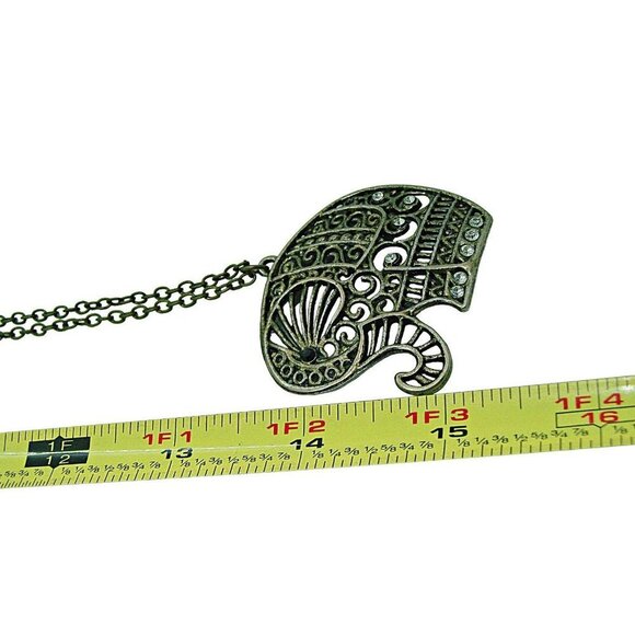 Elephant Pendant Necklace with Rhinestone Crystals Brass Filigree 15" Vintage - Picture 2 of 10